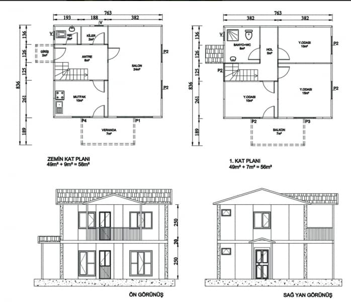 114m2 Dubleks Prefabrik Ev Planı