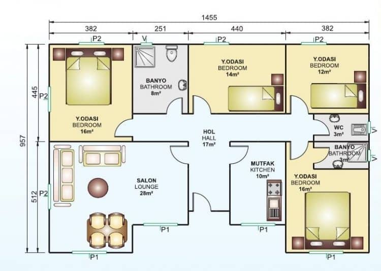 129m2 prefabrik ev planı