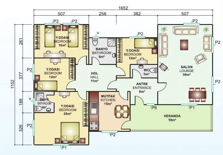 166m2 prefabrik ev planı