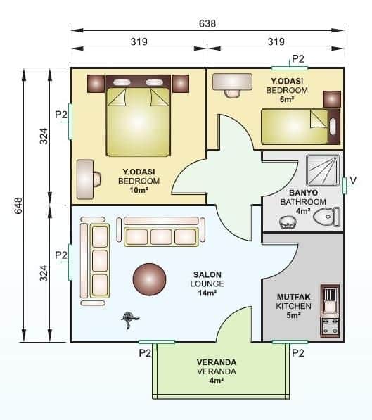 45m2 prefabrik ev planı