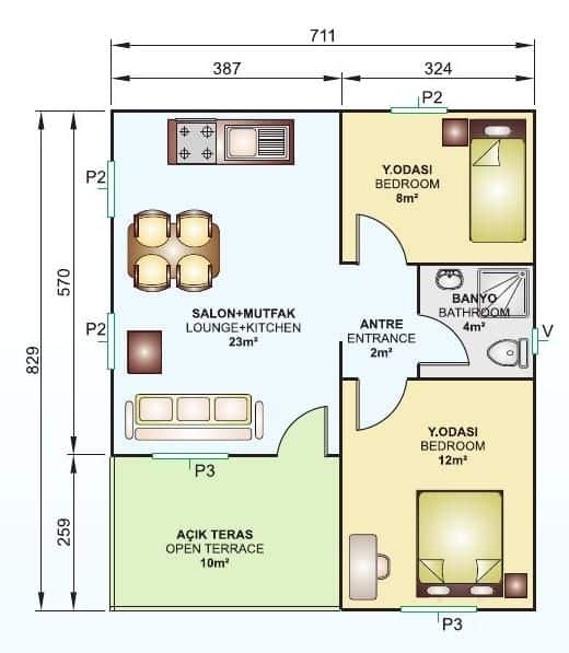 49m2 prefabrik ev planı