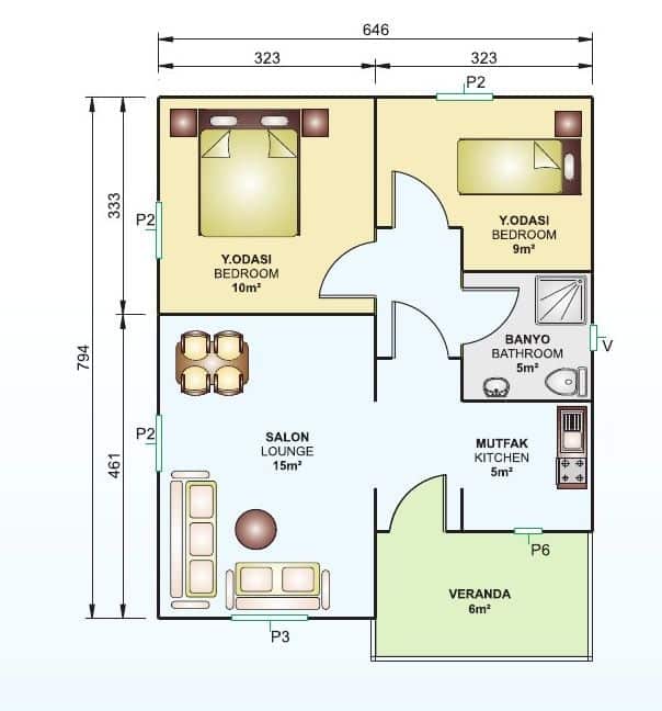 53m2 prefabrik ev planı