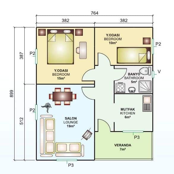 68m2 prefabrik ev planı