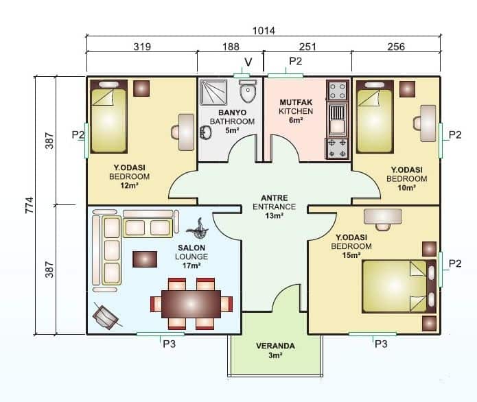 81m2 prefabrik ev planı