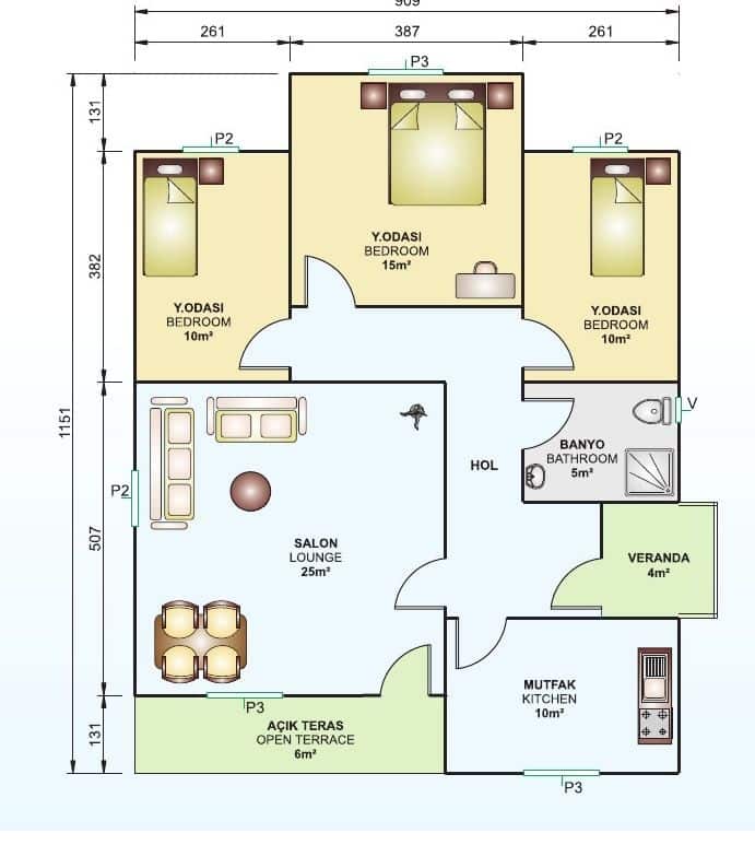 90m2 prefabrik ev planı