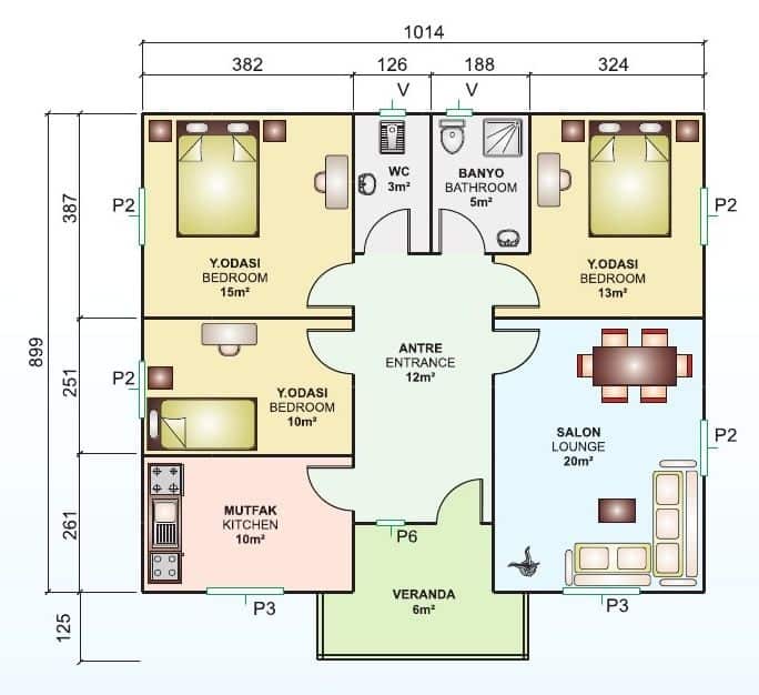 95m2 prefabrik ev plan