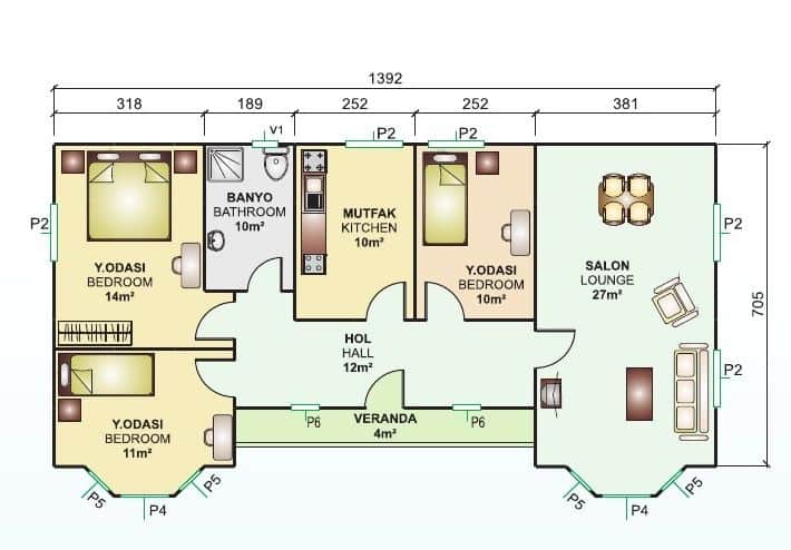 98m2 prefabrik ev planı